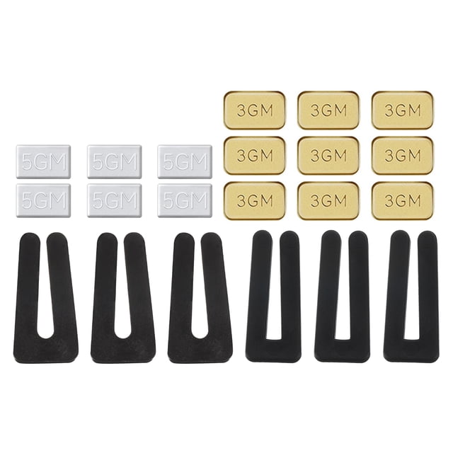 Unique Bargains Ceiling Fan Blade Balancing Kit with 6 black plastic balancing clips and 15 self-adhesive metal weights in gold tone and white, including 6 pieces of 5g weights and 9 pieces of 3g weights. Ideal for ceiling fan accessories, it reduces wobble and noise, enhancing performance and lifespan. Includes step-by-step instructions for easy installation.
