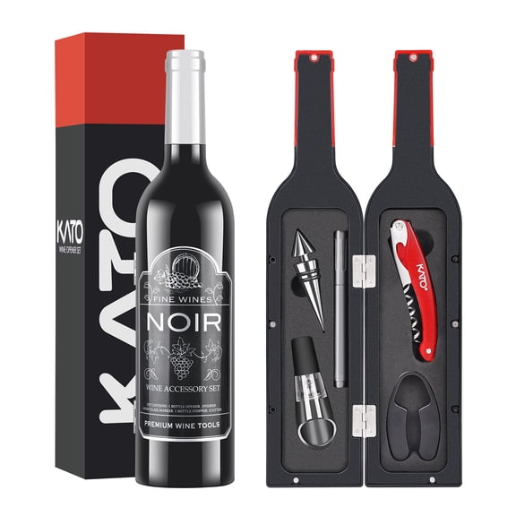 Kato Wine Bottle Opener Set 5 Pcs – Corkscrew, Stopper, Aerator Pourer, Foil Cutter, Sliver Glass Paint Marker With Free