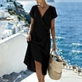 thumbnail image 3 of Pounoo Women's Dresses V Neck Short Sleeve Wrap Linen Blend Midi Dress With Waist Tie Casual Beach Wear Lightweight Breathable Loose Fit Vacation Sundresses Gift, 3 of 7