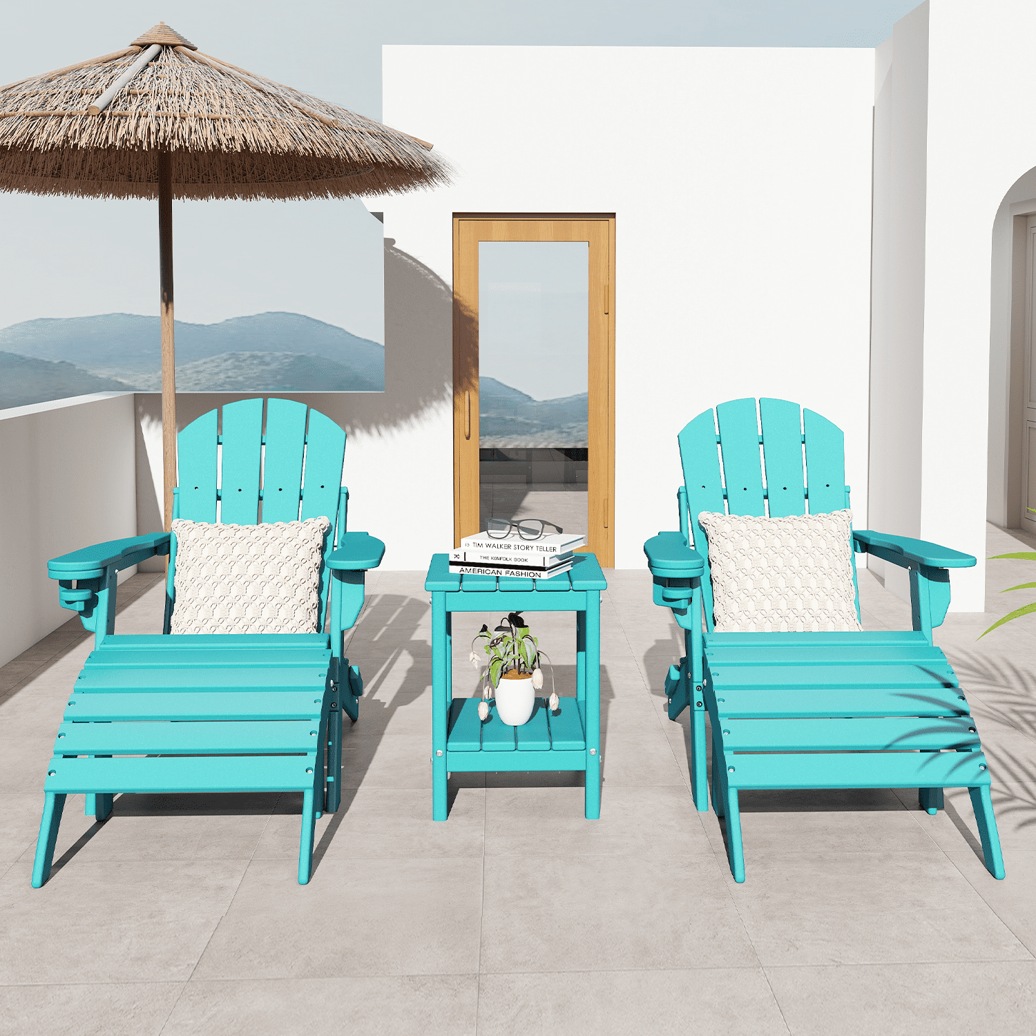 Pipopa Adirondack Outdoor Side Table Set of 2,HDPE All Weather Double Layer Patio Side Table,Rectangular End Table for Garden Balcony Pool,Aqua
