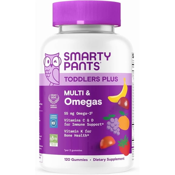 SmartyPants Toddler Plus Multi & Omegas Gummies for Daily Nutritional Support, Omega-3 DHA & EPA, Vitamins D3, C, B12, B6, A & K, Zinc and Biotin, Low Sugar, Gluten-Free, 3 Flavors, 120 Count