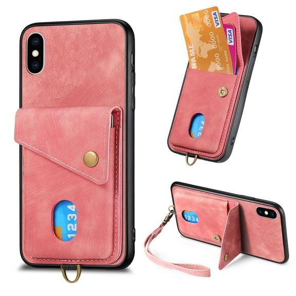 Nalacover for iPhone X / XS, Slim Case Wallet with Credit Card Holder, Back Flip Premium Leather Magnetic Clasp Kickstand Wirst Hand Strap Shockproof Cover For iPhone X / XS, Pink