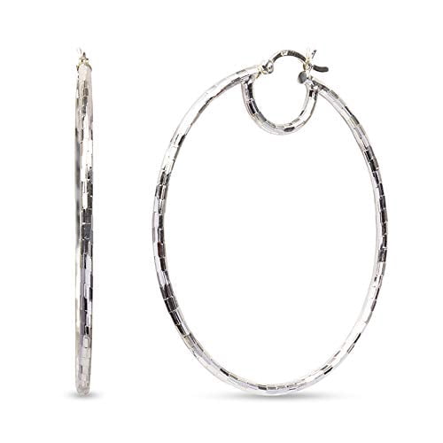 LeCalla 925 Sterling Silver Hypoallergenic Light-Weight Italian Diamond-Cut Click Top Large Hoop Earrings for Women and Teen 70MM