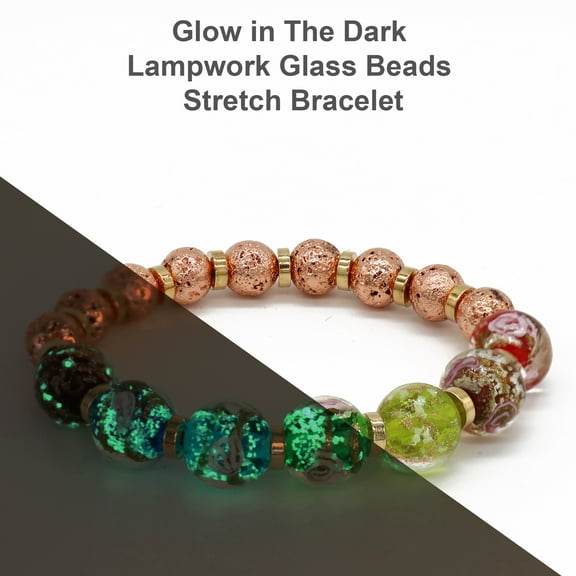 ARTSY Crafts Glow in The Dark Stretch Bracelet 6-7", 12mm Murano Glass Beads Lava Rock / 7 Chakras Healing Crystals Bracelet, Luminous Beads Stretch Bracelet