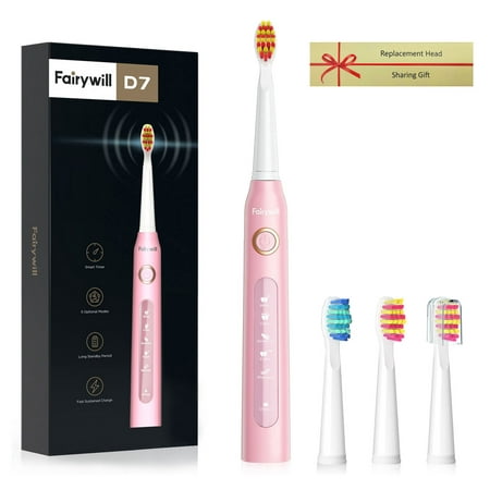 Fairywill Sonic Electric Toothbrush with 5 Modes for Adults , Rechargeable Toothbrush with Smart Timer , 4 Brush Heads, 2H Charge for 30 Days，Pink