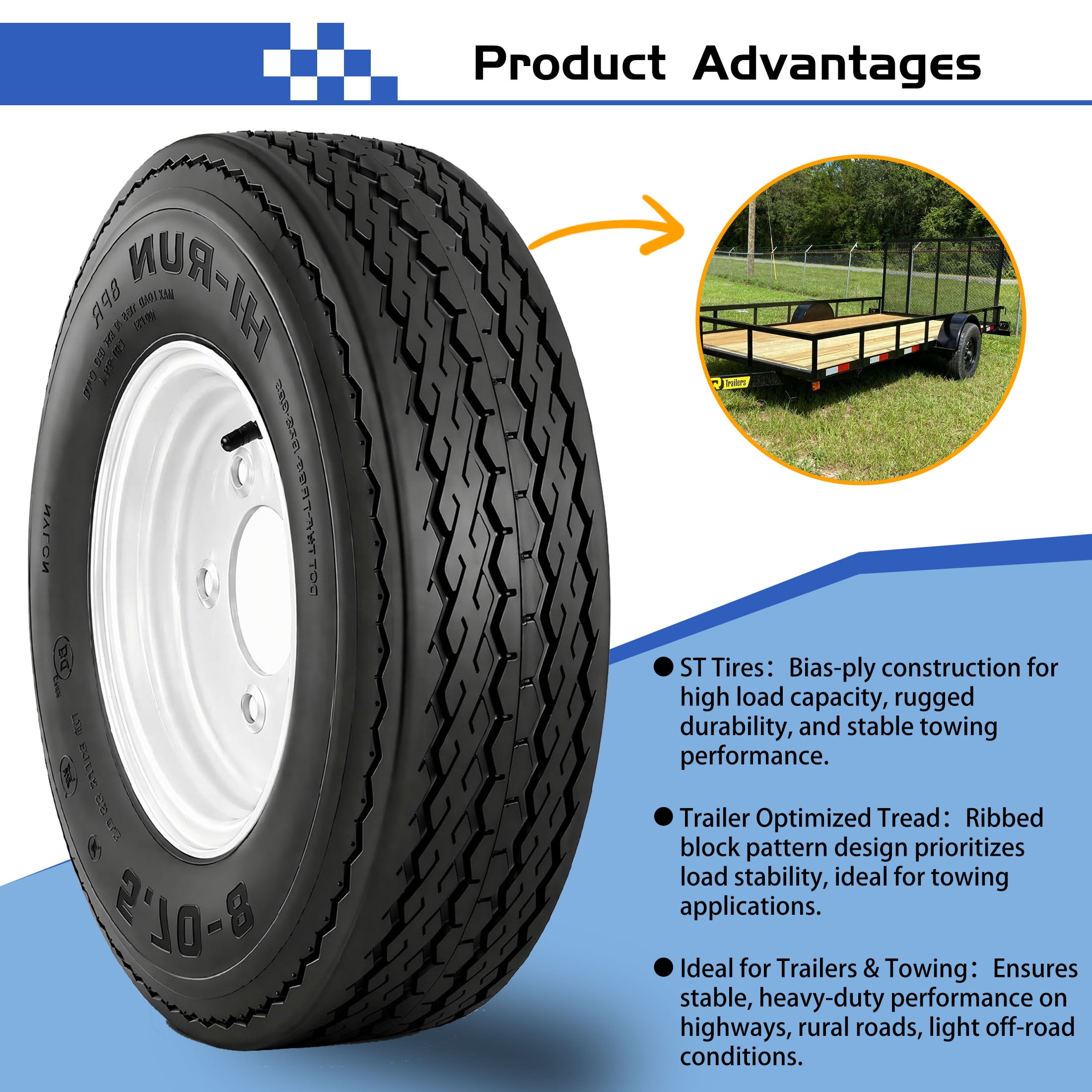 Hi-Run 2 Set SU02 5.70-8 8PR Boat Trailer Tire and 5-Lug White Wheel Assembly