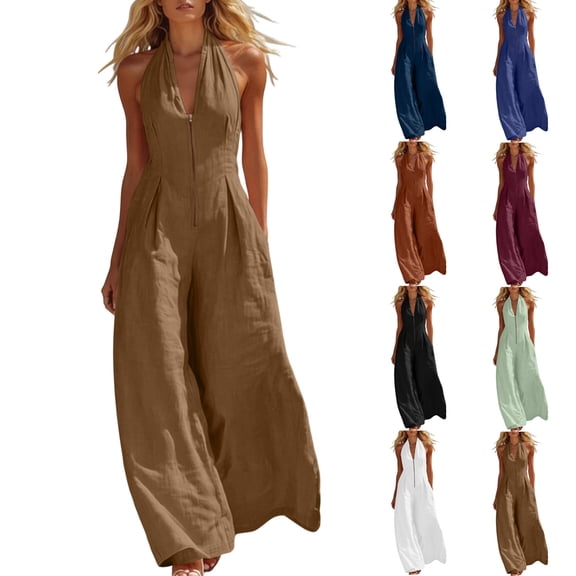 Womens Halter Sleeveless V Neck Zipper Jumpsuit Cotton Blend High Waist Wide Leg Solid Romper with Pockets for Vacation Daily Wear Brown XL(XL)