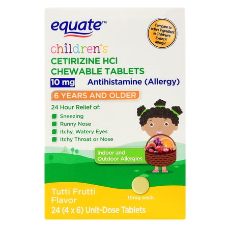 Equate Children's Tutti Fruitti Cetirizine HCI Allergy Chewable Tablets, 10 mg, 24 Count