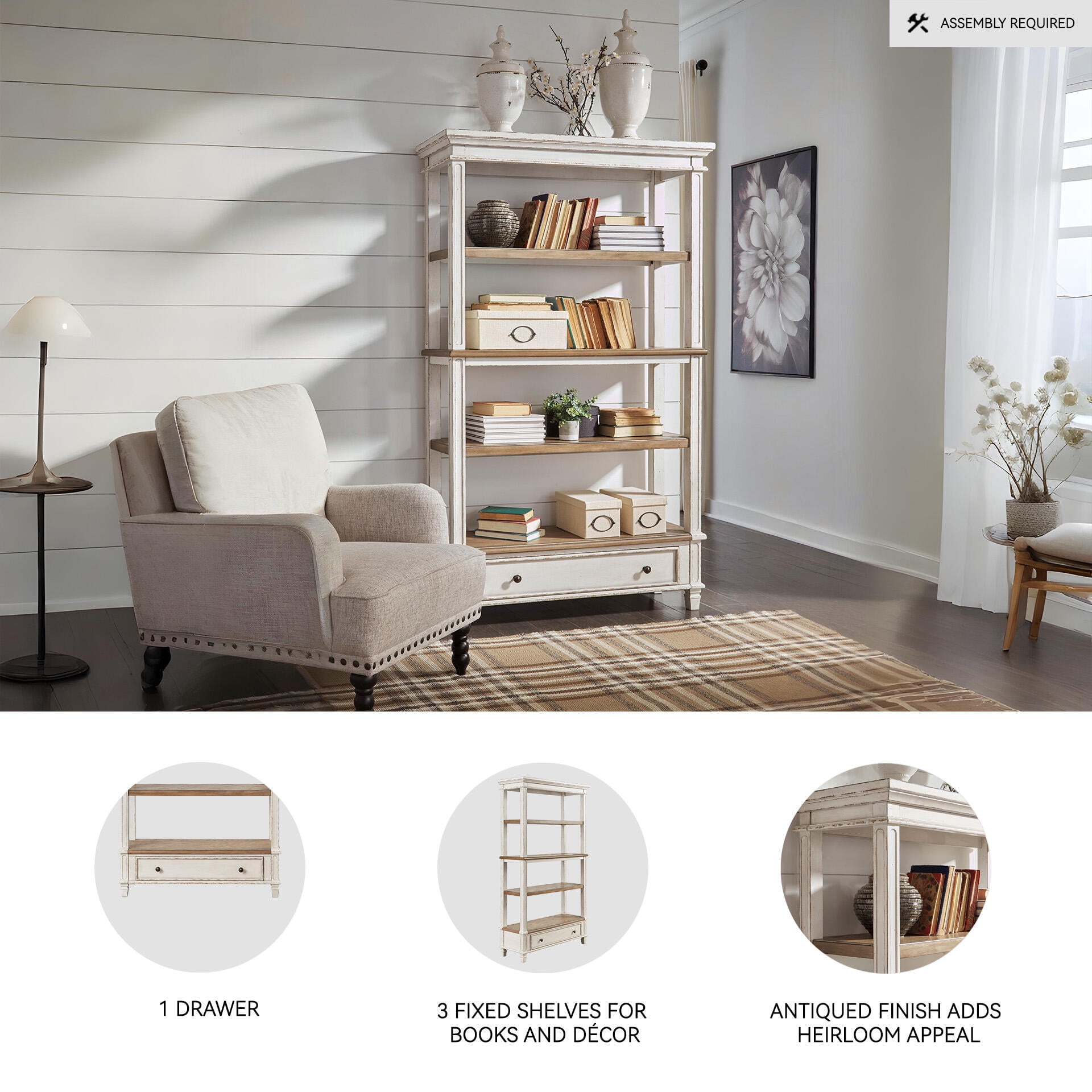 Signature Design by Ashley Realyn 75" Farmhouse Bookcase with Drawer - Chipped White & Brown