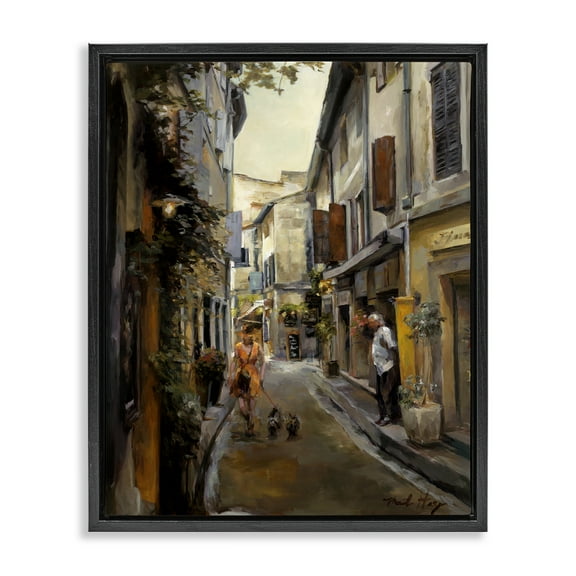 Stupell Industries European City Dog Walk Buildings & Architecture Painting Black Floater Framed Canvas Art Print Wall Art, 17 x 21