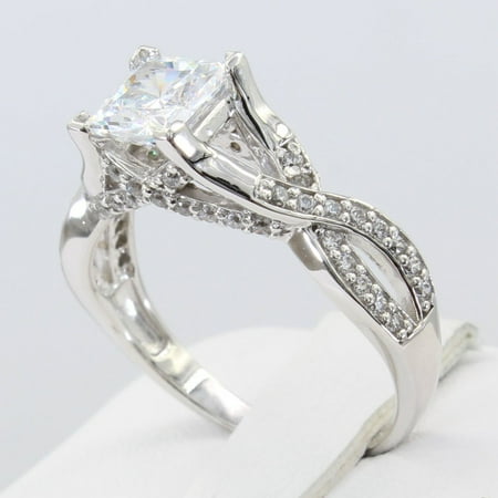- 2.00 Ct 14K Real White Gold Square Princess Cut with Round Pave Set Side Stones Fancy Crossover Engagement Wedding Propose Promise Ring