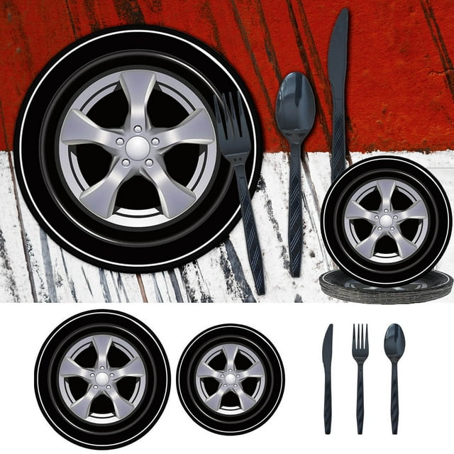Cagogo under $5 5Pcs Racing Party Tableware, 24pcs Racing Party Tableware Set, Tire Track Theme Dinnerware,Children'sBirthday Party Supplies, Disposable Party Decor, Sports Theme Tableware