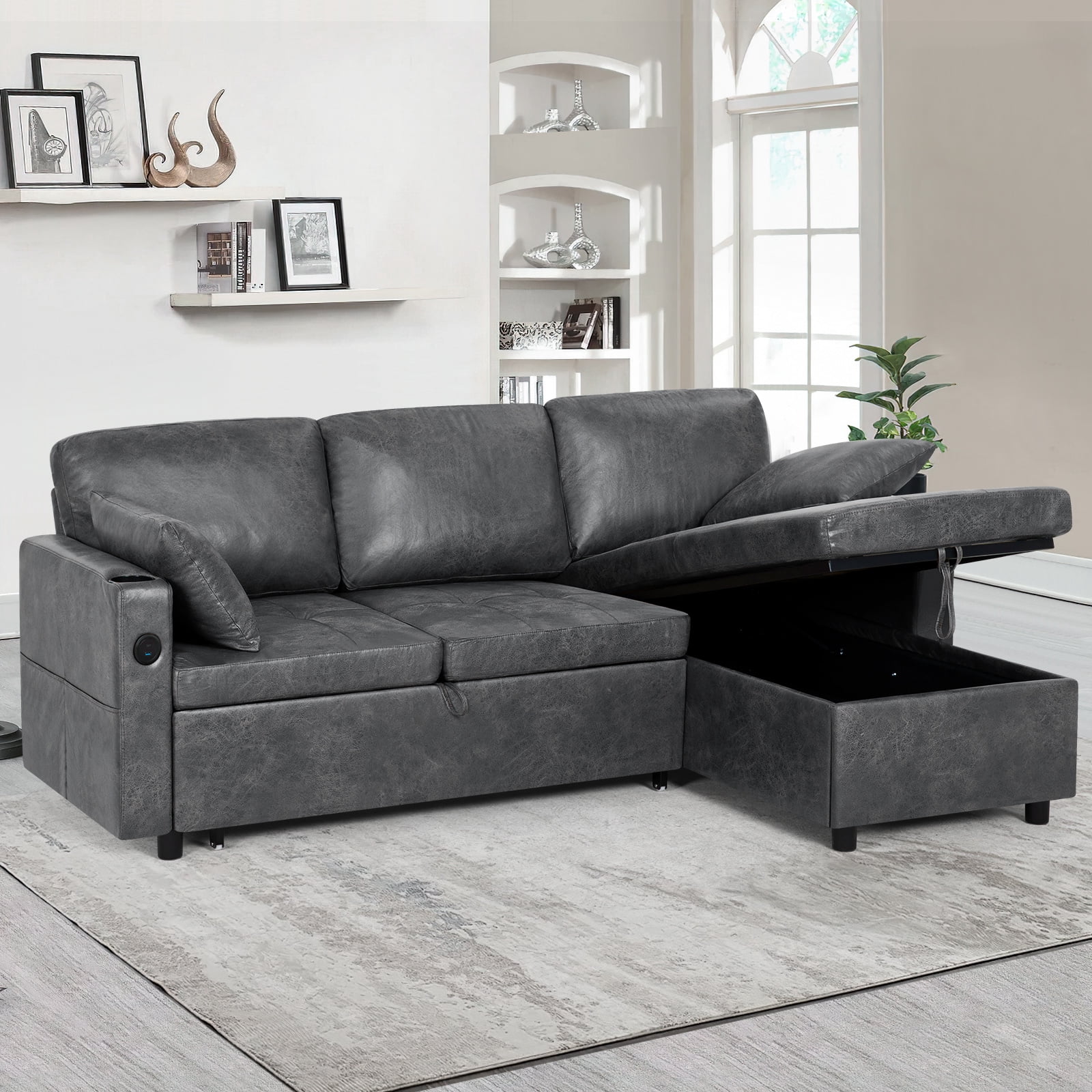 ACMEASE 84" Suede Leather Sectional Sofa w/Adjustable Backrests, Pull Out Sofa Bed w/USB Charger Port& Reversible Storage Chaise,Convertible L-Shaped Sofa with Cup Holders for Living Room, Gray