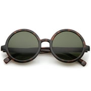 Classic Retro Horn Rimmed Neutral-Colored Lens Round Sunglasses 52mm (Tortoise / Green)