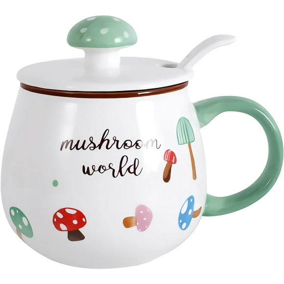 13.5oz Mushroom Mug Ceramic Tea Cup Cute Coffee Mug with Lid Spoon for Girl Kids Women Gifts (Green)