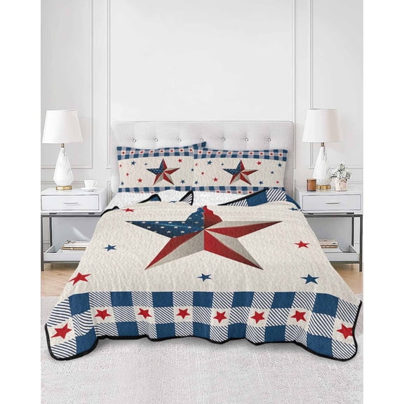 Quilts King Size, 4th of July Soft Comforter Bedding Set for Bed, Country American Star Blue Plaid Patriotic Lightweight Quilted Bedspread with Pillow Cover(2 Pieces) for All Season, 96x106 Inch