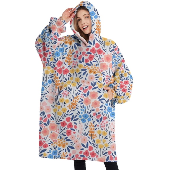 Oversized Wearable Blanket Hoodie,Pink Pioneer Flower Pattern Sherpa Blanket Hoodie with Super Pockets,Super Warm Fuzzy Pullover for Women & Men
