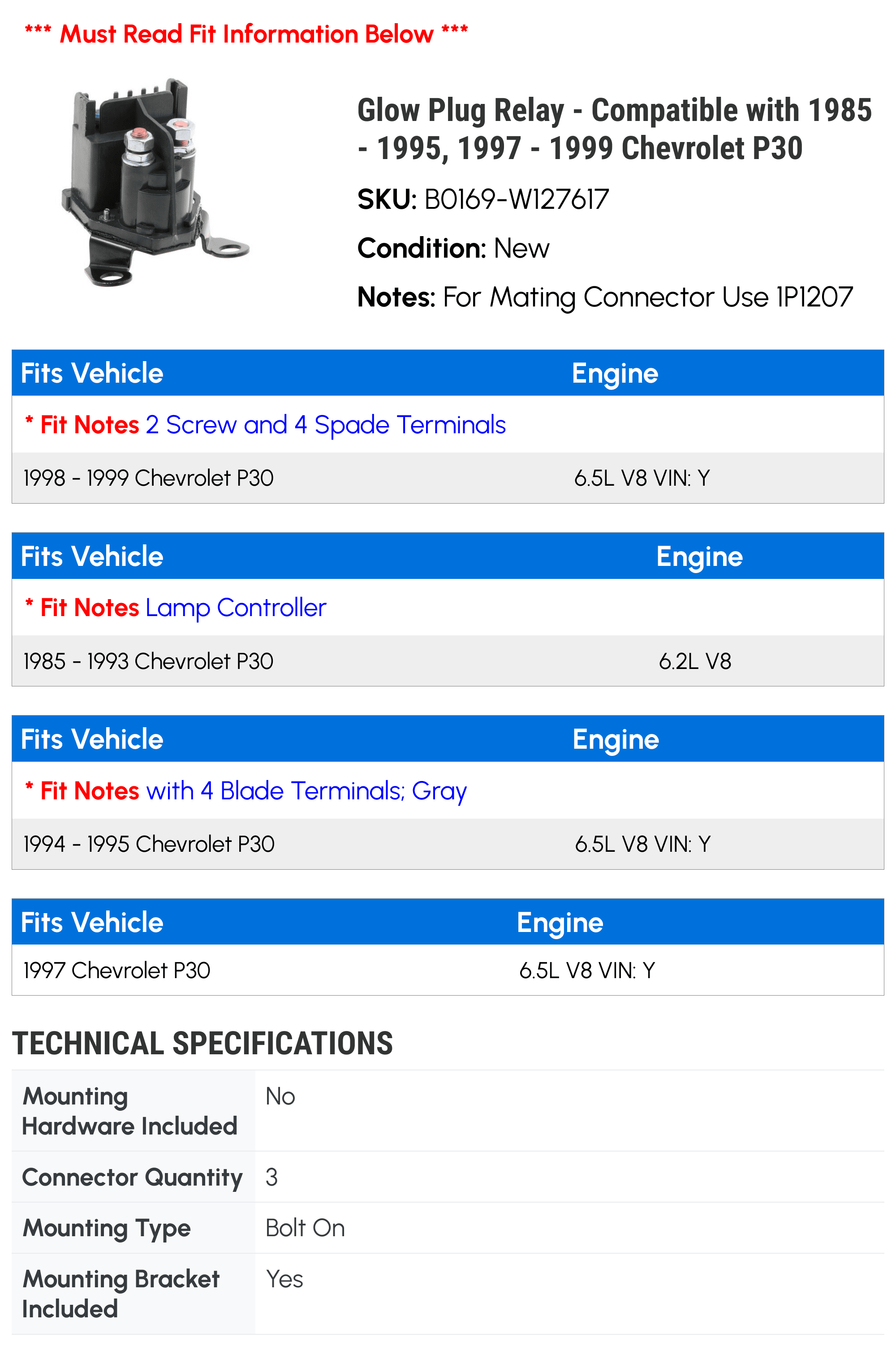 Glow Plug Relay - Compatible with 1985 - 1995, 1997 - 1999 Chevy P30 1986 1987 1988 1989 1990 1991 1992 1993 1994 1998