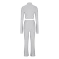 thumbnail image 5 of Oplxuo Womens 2 Piece Outfits Ribbed Knit Matching Lounge Sets Long Sleeve Collar V Neck Crop Top Flare Pants Tracksuits, 5 of 5