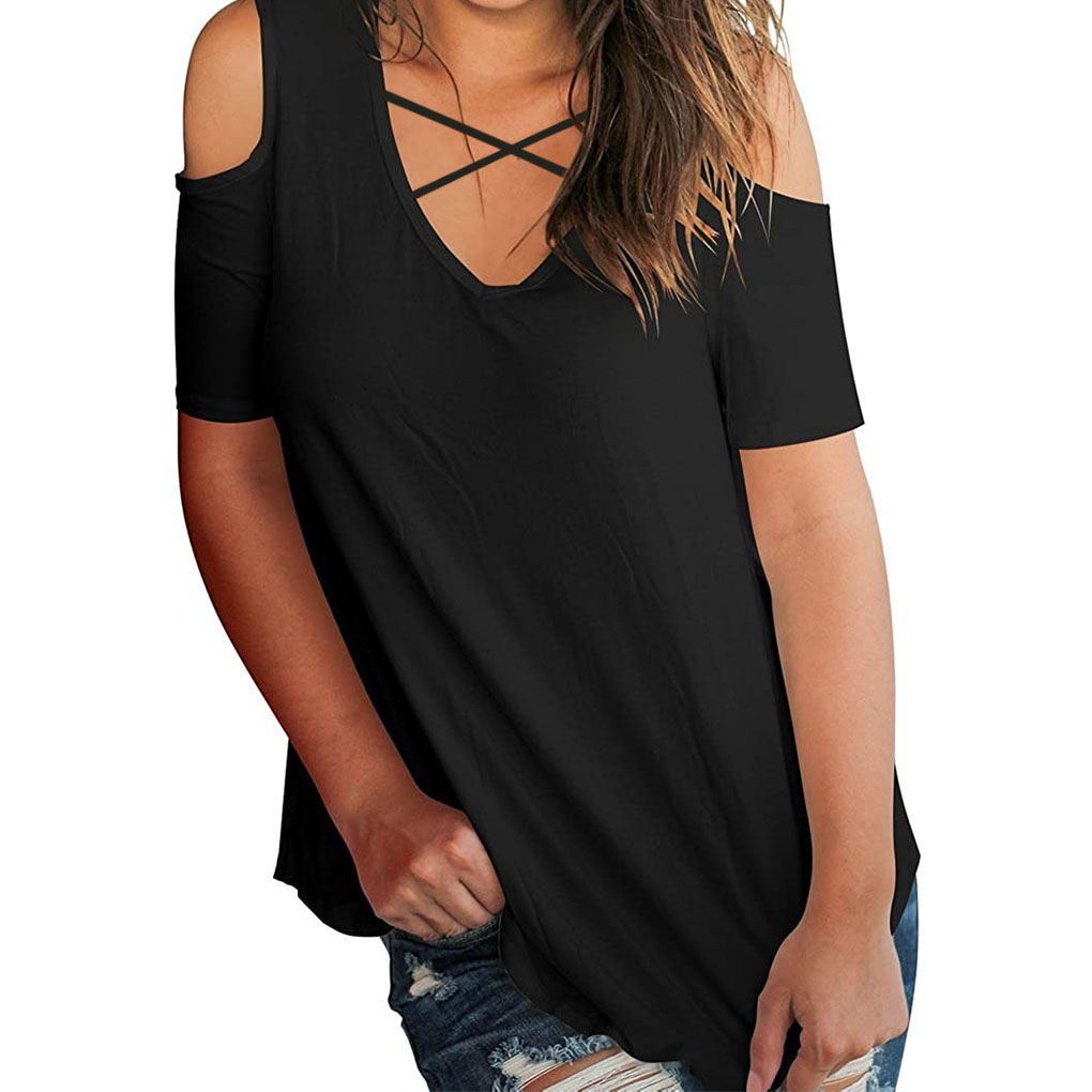 Elenxs Cold Shoulder Girl Casual T-shirt Short Sleeve Loose Blouse - image 3 of 5