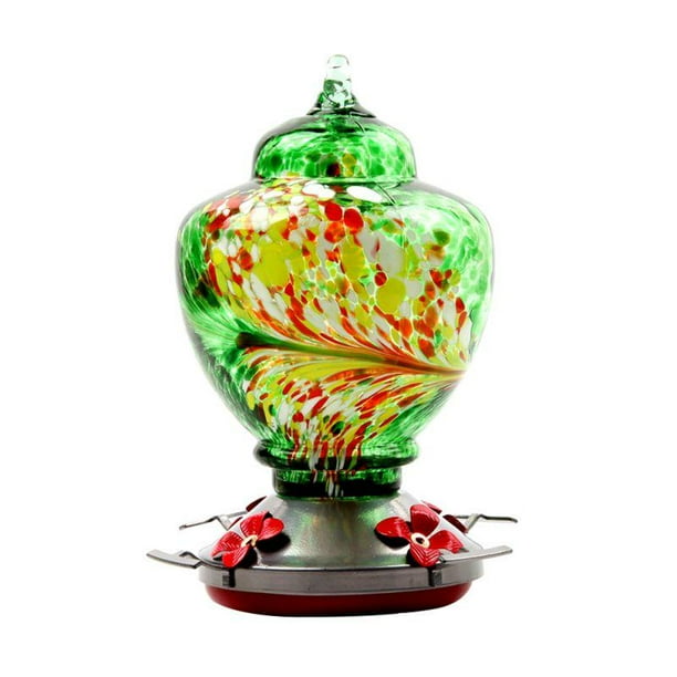 Hummingbird Feeder with Perch, Hand Blown Glass, 32 Fluid Ounces