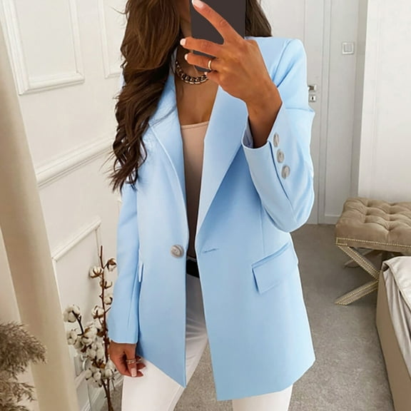 Dyfzdhu Blazers for Women Business Casual Long Sleeve Single Breasted Suit Jacket Slim Work Blazer with Pockets, Blue L
