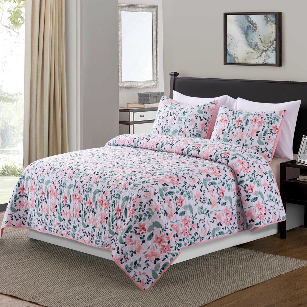 Mainstays Floral Polyester Microfiber Quilt Sets, Full/Queen, 3Pieces