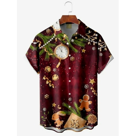 

FUNIER Men Shirt Happy New Year Print Casual Shortsleeve Button-Down Hawaiian Shirts Casual Shirt Gift for Men