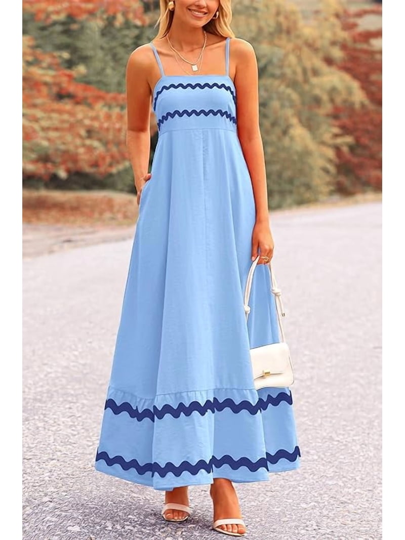 Prettygarden Women Summer Flowy Maxi Dress Casual Sleeveless Spaghetti Strap Ruffle Beach Long Dresses, Women's, Size: Medium, Blue