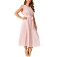 thumbnail image 4 of Vestido midi casual sin mangas con volantes para mujer Inspire Chic, cuello redondo, plisado, fluido y con cinturón, color rosa, 4 of 5