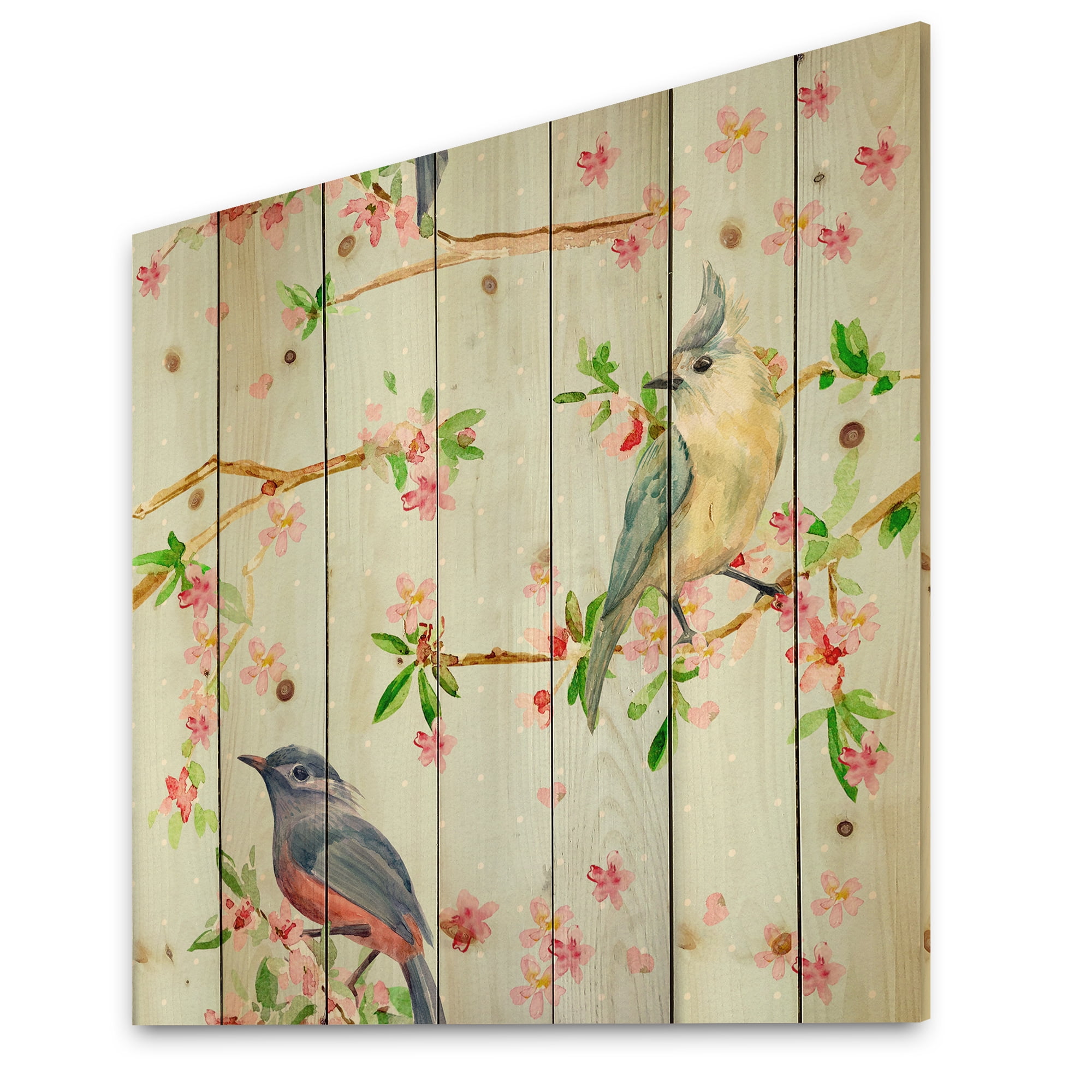 Designart 'Birds and Flowers Pattern In Blue' Traditional Print on Natural Pine Wood