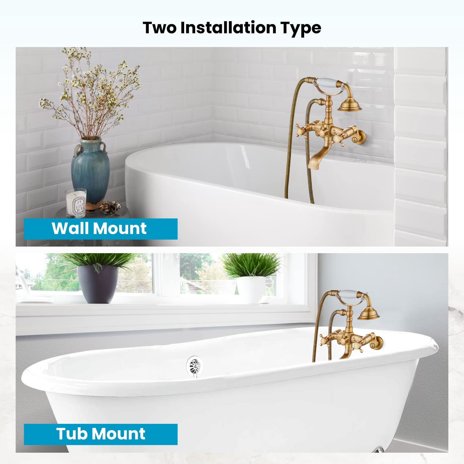 Clawfoot Bathtub Faucet Tub Filler with Handheld Shower Set, Antique Brass, Short Adapter