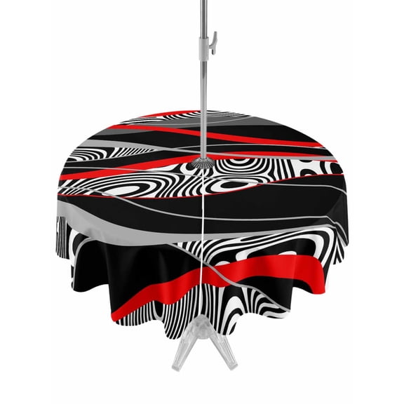 Outdoor Tablecloths with Umbrella Hole & Zipper, Red Black Stripes Round Tablecloth 54 Inch, Modern Gradient Abstract Lines Art Waterproof Table Cloth, Patio/Pool/Picnic Table Covers