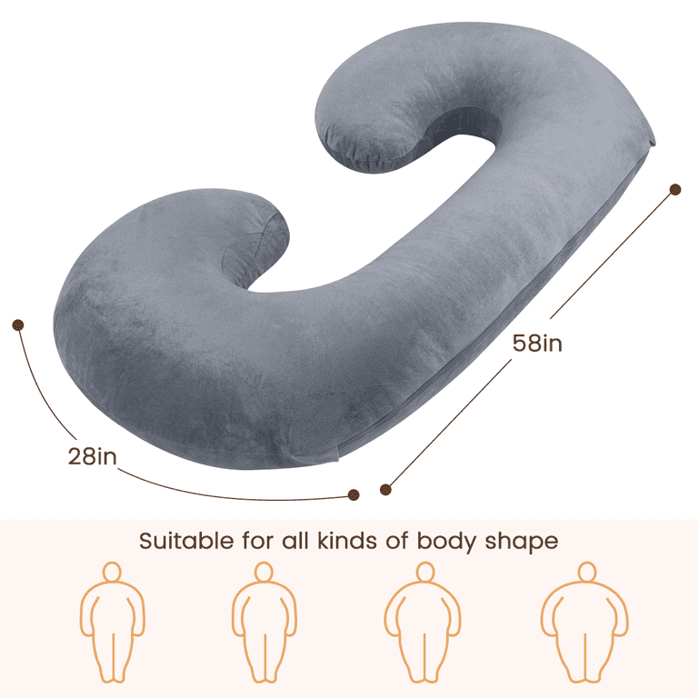 Pregnancy Pillows, C Shaped Full Body Pillow for Sleeping, 58 Inch Maternity Pillow with Velvet Cover for Side Sleeper, Gray