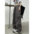 thumbnail image 2 of Women's Y2K E-Girl Streetwear Cargo Stretchy Bell Bottom Flared Pockets Pants Vintage Wide Leg Trousers wtih Drawstring, 2 of 15