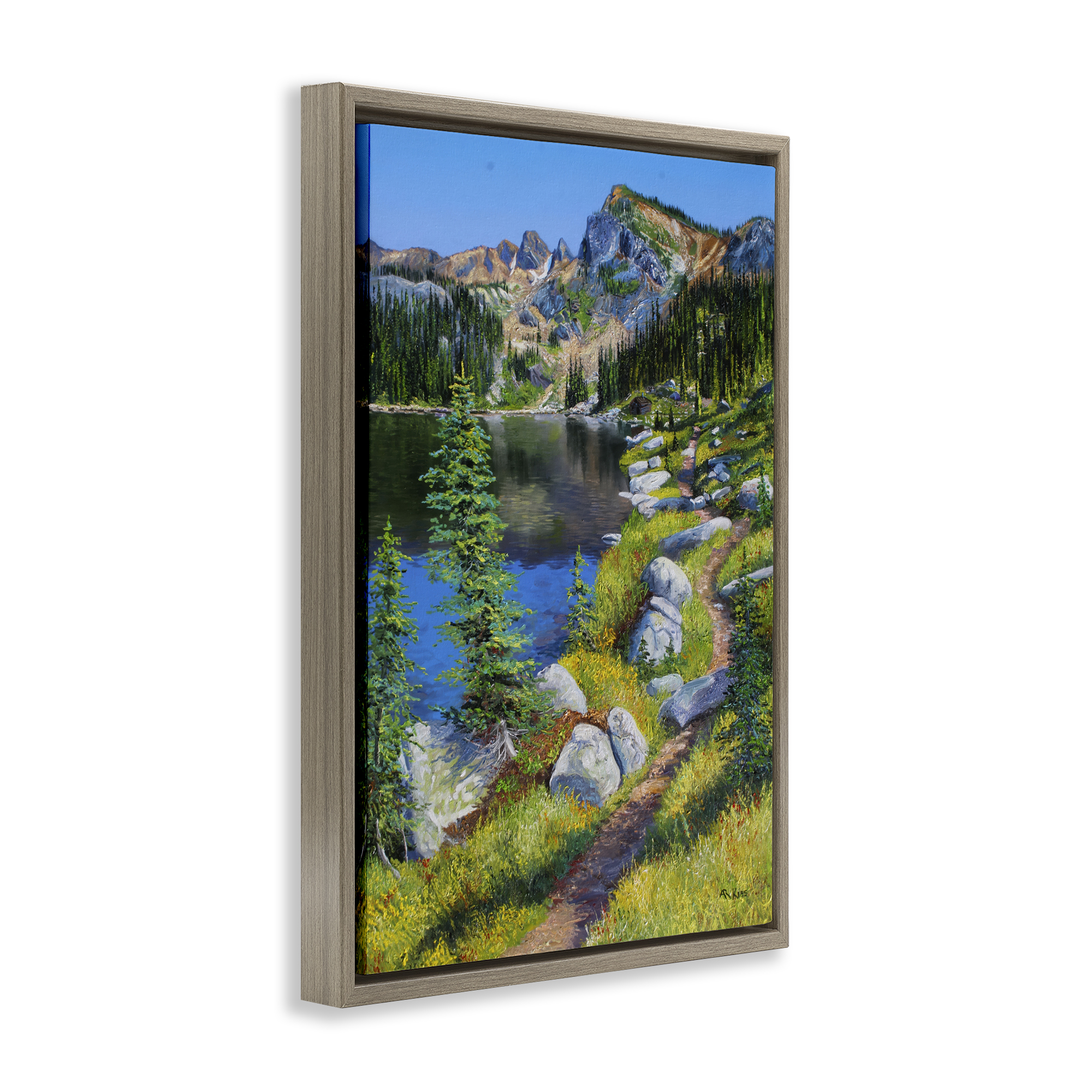Stupell Industries Alpine Lake Landscape Landscape & Nature Painting Brown Floater Framed Canvas Art Print Wall Art, 21 x 31
