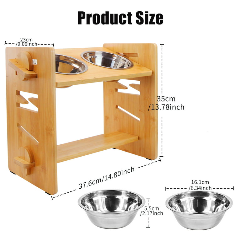 Dropship Bamboo Double Dog Raised Bowls 15 Degree Tilt Elevated Dog Bowls  With 4 Adjustable Heights 2 Stainless Steel Bowls Pet Feeder For Dogs Cats  Rabbits to Sell Online at a Lower Price