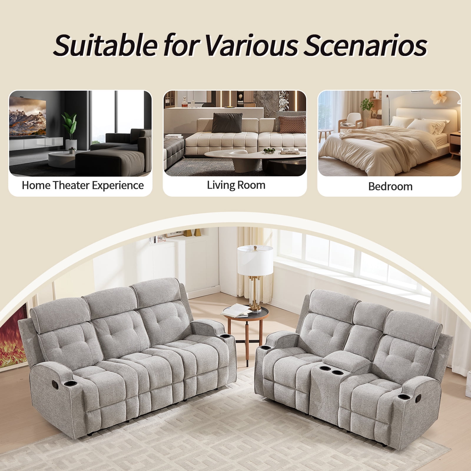 Bonzy Home Manual Recliner Sofa Set – Fabric Loveseat & 3-Seat Reclining Sofa for Living Room