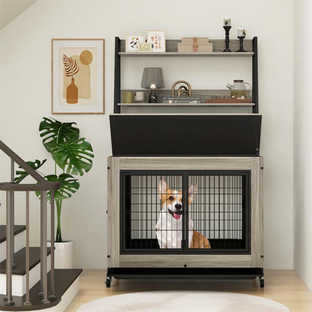 Barara King Dog House,Pet House,Industrial Dog Kennel Dog Crate Furniture with Storage Shelves-Gray