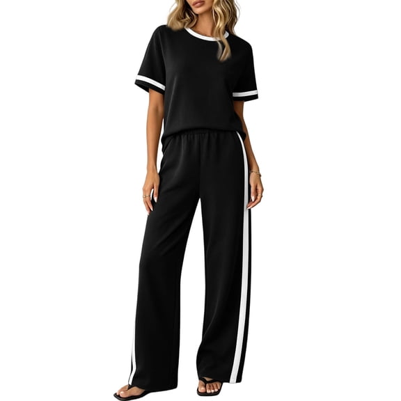 WULMLEO 2 Piece Workout Sets for Women Matching Sets Summer Outfits Resort Wear Short Sleeve Lounge Set Wide Leg Pants with Pockets Black M