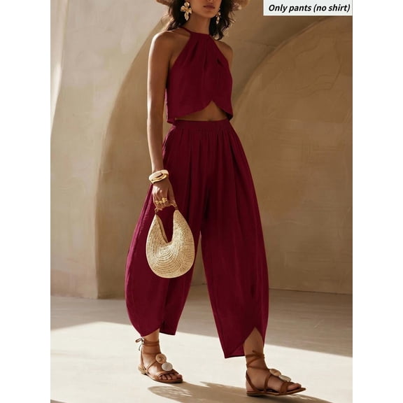 Women's Elastic Waist Pleated Lantern Pants, Loose Fit Slit Hem Trousers for Everyday, Vacation, Beach & Casual Wear