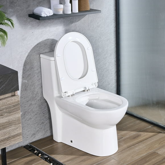 VEVOR One-Piece Toilet, Elongated Toilet Vortex Dual-Flush 1.1/1.6 GPF, Toilets for Bathroom with Comfortable Chair Seat, 12 inch Rough-In, Black + White