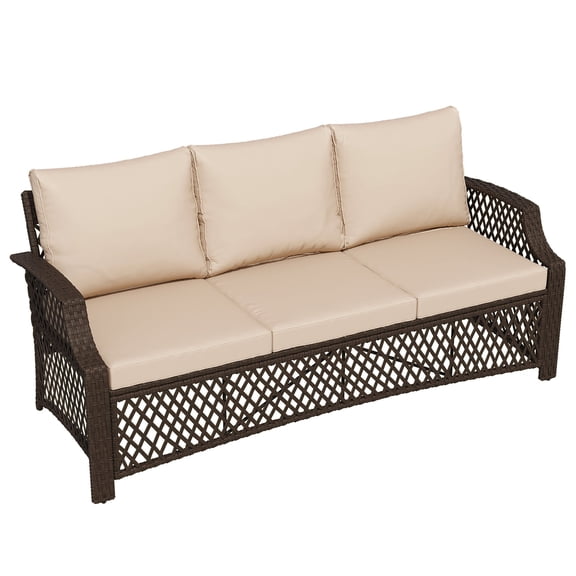 Homrest Wicker Patio Furniture 3-seat Sofa,Outdoor Seating Couch with Cushions, All-Weather Patio Couch for Porch, Poolside, Garden, Deck(Khaki)