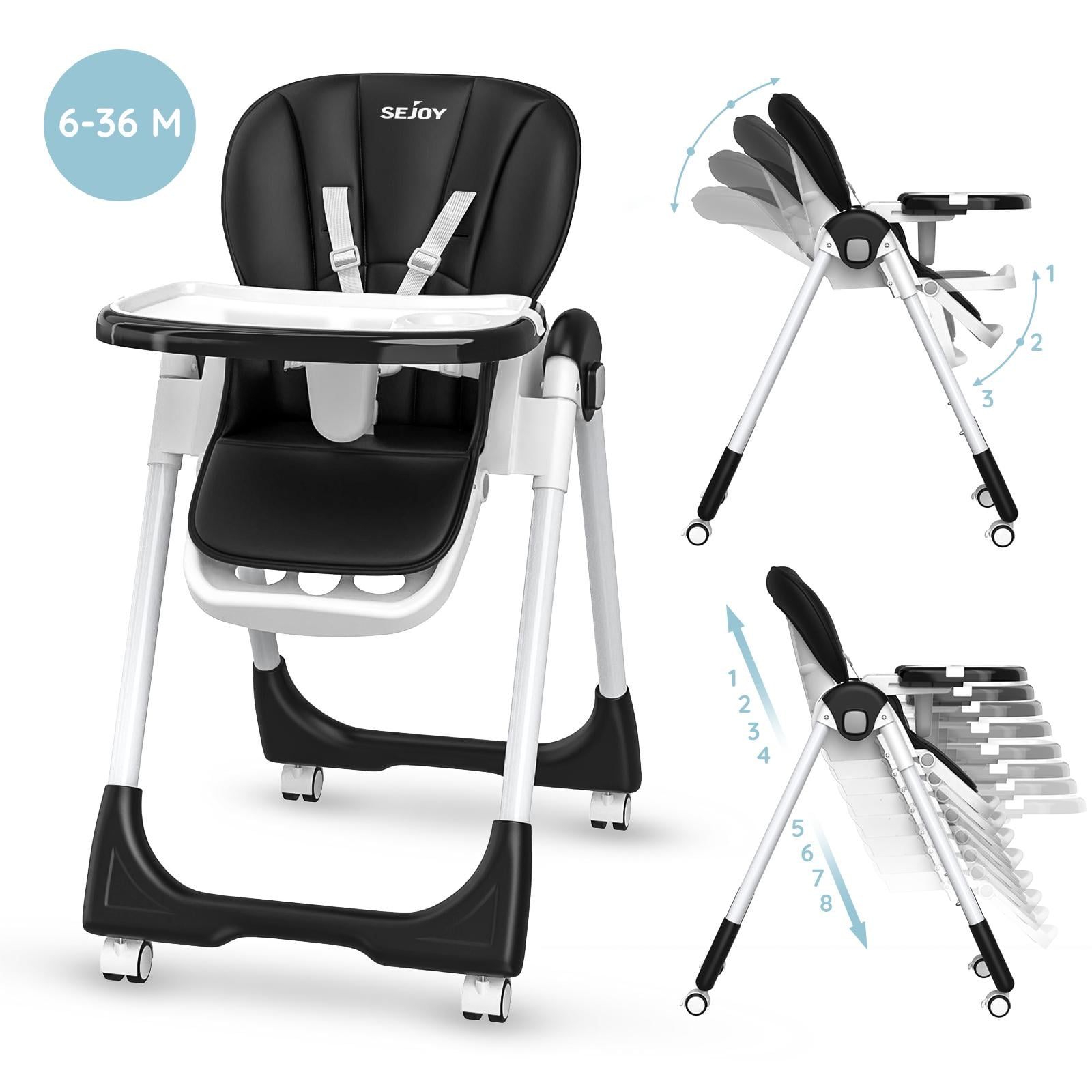 Sejoy 4 Wheels Baby High Chair for Toddlers, Foldable High Chair with Adjustable Seat Heigh, Black
