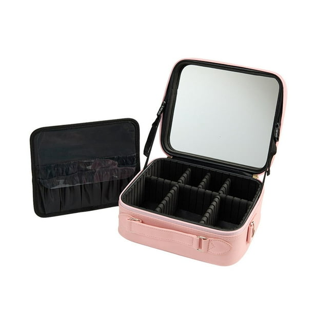 Bolsa de maquillaje portátil con espejo, estuche de tren de maquillaje, divisores ajustables, caja de almacenamiento de cosméticos de cuero PU para Rosa