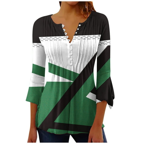 Blusas de Algodón para las Mujeres Impresas 3/4 Mangas V-Cuello Camiseta, Blusa de Algodón de Imitación Casual para las Mujeres