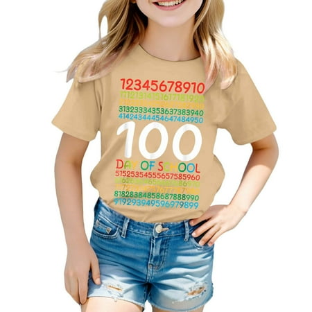 Rhuody Summer T Shirts For Girls Round Neck Blouse Short Sleeve Lightweight T Shirt Cartoon Prints Tops Classic Basic clothes Khaki 6-7 Years