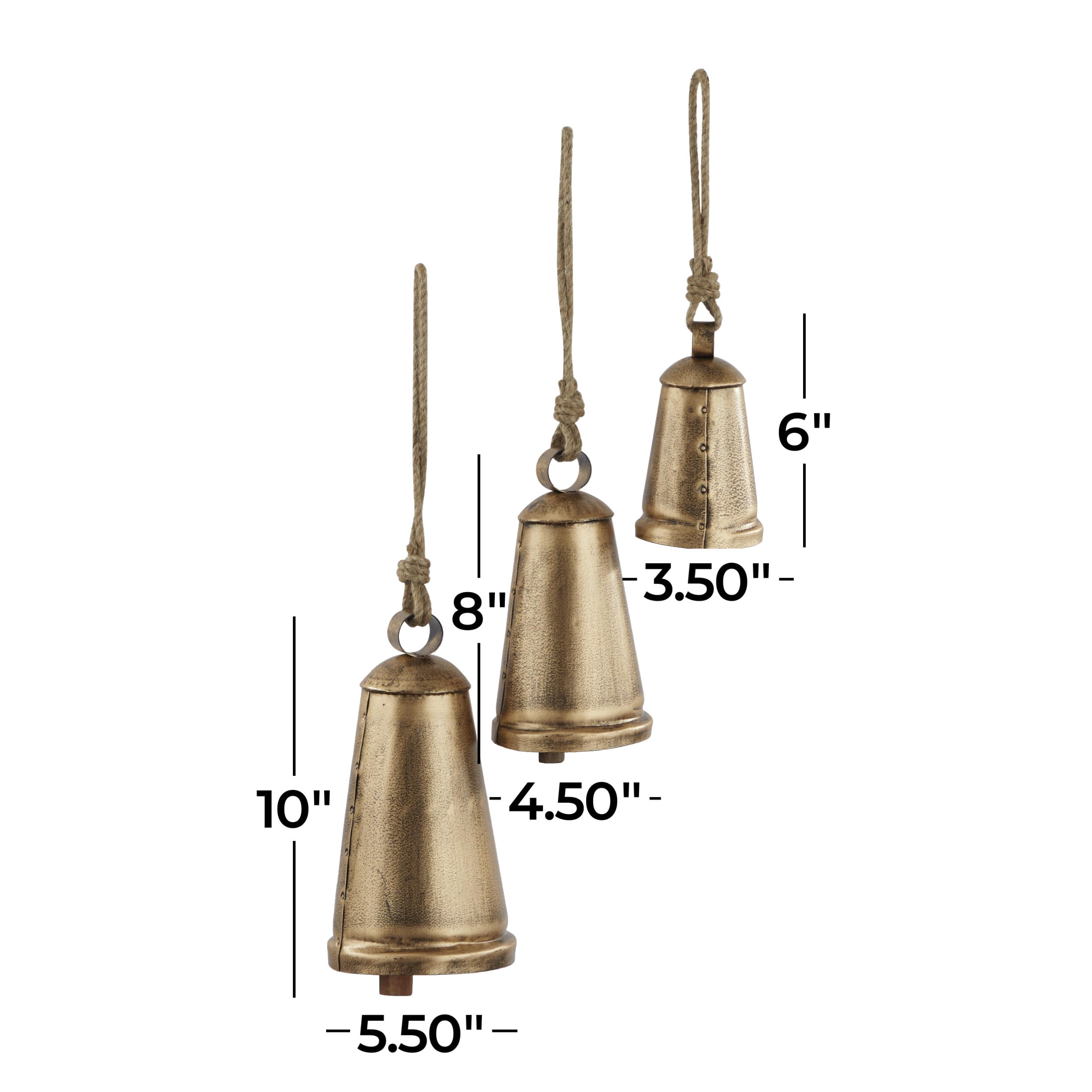DecMode Tibetan Inspired Bronze Metal Conical Decorative Cow Bells with Jute Hanging Rope, 3 Count