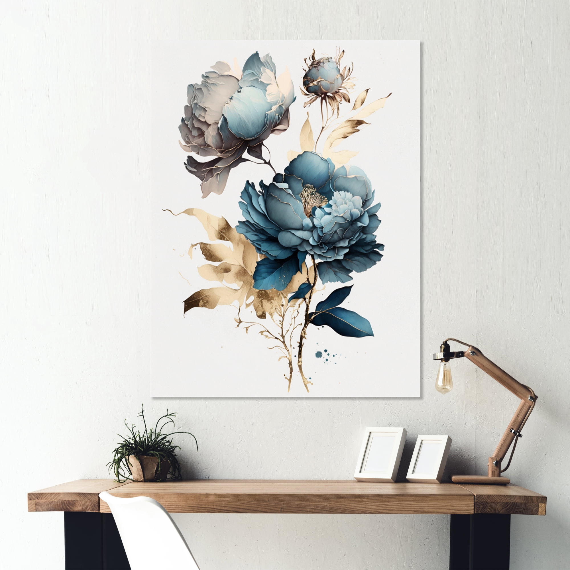 Designart Hyperrealistic Blue And Gold Peony I Canvas Wall Art