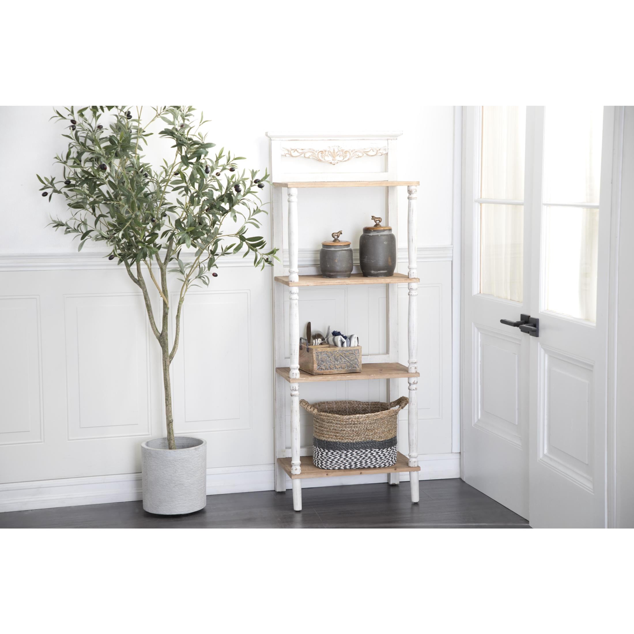 DecMode 22" x 57" White Wood Scroll 4-Tier Shelving Unit with Brown Shelves and Turned Frame, 1-Piece